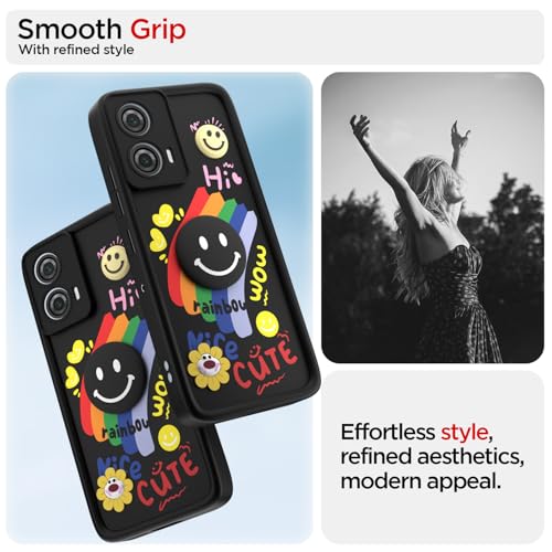Image of Pikkme Back Cover for Motorola Moto Edge 50 Fusion 5G / Moto G96 5G | Soft Silicone| Cute Rainbow Smile & 3D Cartoon Flower Design | Shockproof Raised Camera Protection Bumper Case (Black)