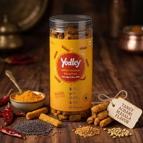Image of Yodley Millet Masala Munchies - Tangy Achari Flavour | Baked, Not Fried | No Maida, No Palm Oil | Zero Cholesterol | Zero Trans Fat & High In Fiber | Calcium & Iron Rich | Healthy Indian Snack - 150gm