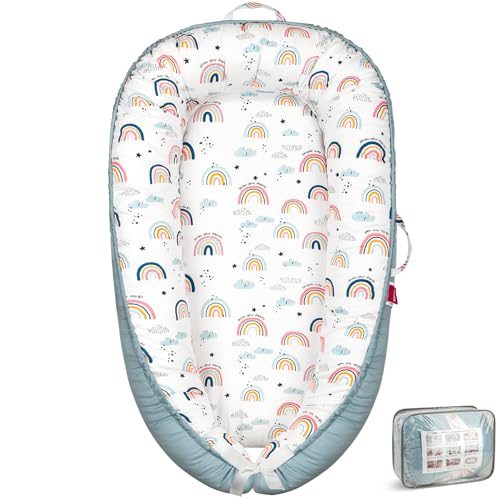 BUTOA Baby Lounger - Baby Lounger for Newborn 0-24 Months, Breathable & Soft Baby Nest, Portable and Lightweight Lounger for Home and Travel, Ideal Newborn Babies Essentials (Blue-Rainbow)