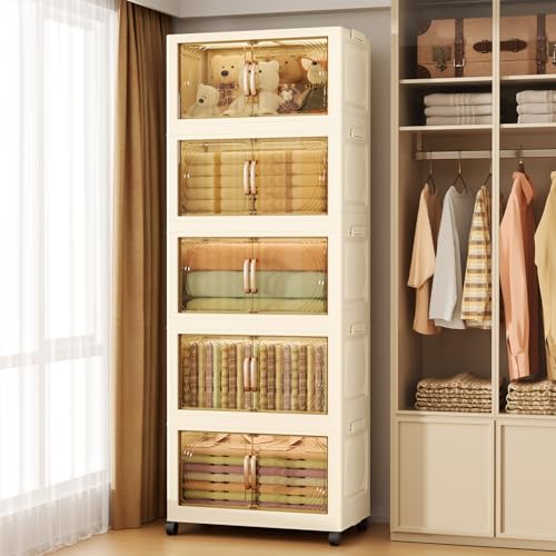 Image of YUEXINKJ 102QT Plastic 5 Tier Storage Bins with Lids,Folding Storage Box with Doors and Wheels Stackable Storage Bins,Closet Organizers and Storage for Living Room,Office,Dorm