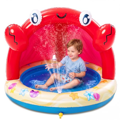 Image of Sloosh Baby Pool Toddler Sprinkler, Crab Splash Pool with Canopy, Baby Wading Pool Inflatable Sprinkler for Learning, Children’s Water Pool Toys, Inflatable Kiddie Pool for Outdoor Summer Water