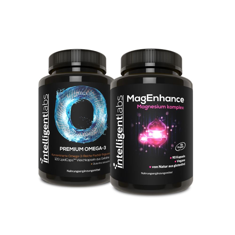 Intelligent Labs 2-in-1 Bundle: MagEnhance Magnesium Komplex (Magtein L-Threonat, Glycinat, Taurat) & Omega-3 Fischöl Triglycerid (2250mg). Premium-Kombination für Gehirn, Herz & tägliche Vitalität.