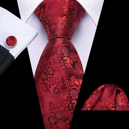 Image of Barry.Wang Flower Ties for Men Handkerchief Cufflinks Set Wedding Necktie Set Party