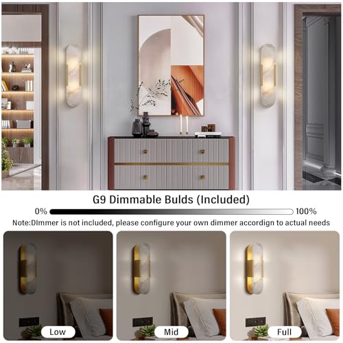 Image of Alabaster Wall Sconces Set of 2,19.7'' Brass Wall Sconce Natural Marble Wall Sconce for Bathroom, Indoor Modern Wall Light Fixtures for Living Room Hallway Stairs Vanity Bedside, Gold