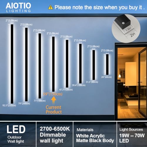 Image of AioTio Long Outdoor Modern LED Wall Light,59inch Dimmable IP65 Waterproof Black Outdoor Porch Lights Wall Mount Lighting Fixture,Exterior Rectangular Sconce Lights for House,Corridor,Front Door