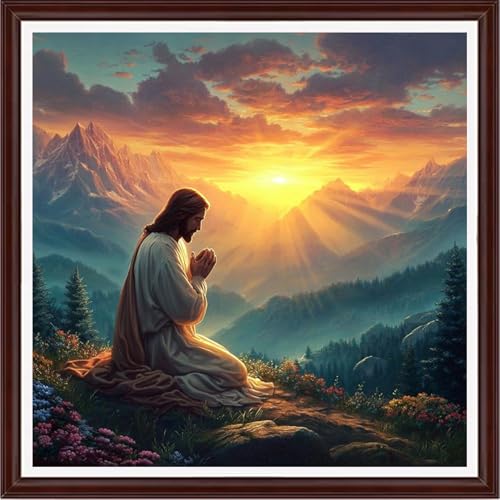 Image of Dooxvey Counted Cross Stitch Kits for Adults 11CT Printed Cross-Stitch Patterns Cross Stitching Embroidery Kit Stamped or Counted Needlepoint Kits- Jesus Prays for the Sunrise 18x18 inch