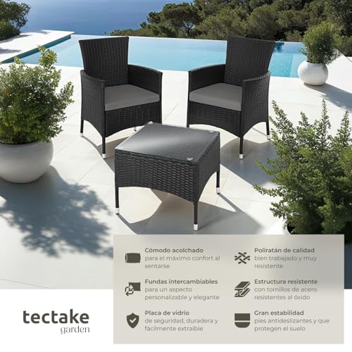tectake® Conjunto Jardín Exterior de Ratán y Acero para 2 Personas, Muebles Jardín Exterior Resistentes a Intemperie, 2 Sillones y 1 Mesa Cristal, Fácil Montaje y Limpieza, Incl. 4 Fundas - Negro - imagen 2