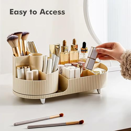 Image of ALOXE Makeup Organisers | 360 Rotating Brush Holder & Elegant Organizer Storage Box for Dressing Table, Skincare, Cosmetics & Accessories (Ivory)