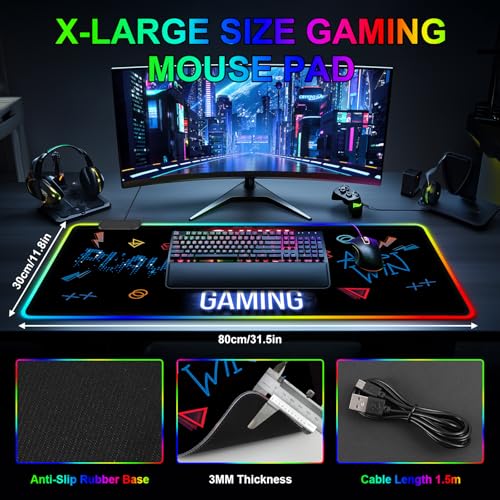 Tapis de souris de jeu RVB 80x30 cm à LED avec base caoutchouc antidérapante