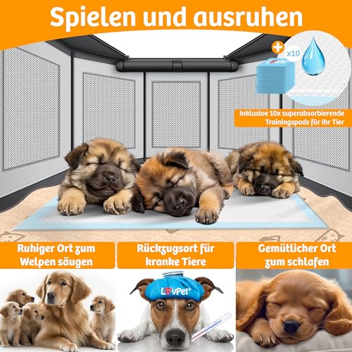 LOVPET® Welpenlaufstall drinnen draußen Welpenauslauf Hunde-Käfig Oxford-Gewebe Tier-Laufstall Kleintier Katzen Freigehege Rahmen PVC-Rohr mit Tasche, 3X Kauknochen & 10 Pad, M 72x72x43cm, Anthrazit