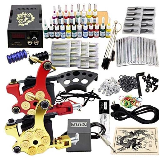OUBAYLEW Kits de Tatuaje 2 Maquinas 20 Tintas Tattoo Kit Completo JM11 con funete de alimentacion y pedal accesorios