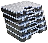 5er-Set XL Organizer mit bis zu 20 Fächern, LxBxH = 35 x 25 x 5,5 cm, Kleinteilmagazin Sortimentskasten Garnbox Sortierbox Schraubenbox Werkzeugkasten Sortimentskisten stapelbar Deckel verriegelbar