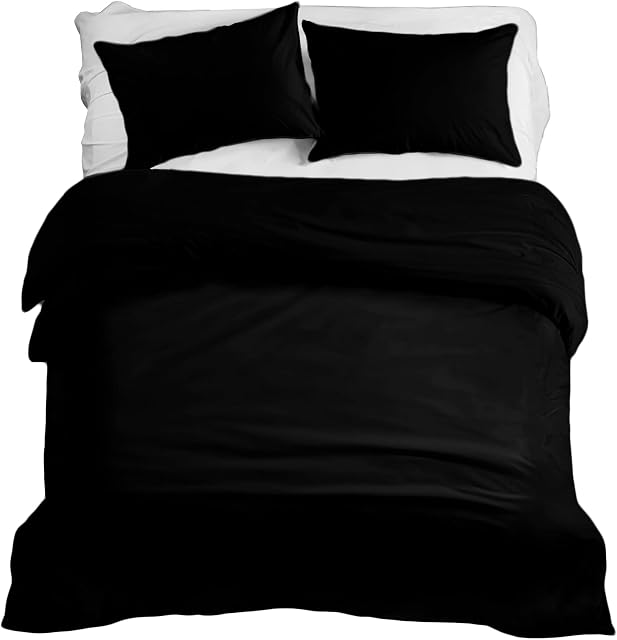 Rohi Easy Care plain Double Duvet Cover set Soft & Breathable Black Bedding Set Button Closure Anti Allergy Quilt Cover Set with Pillowcases (Double, Black)