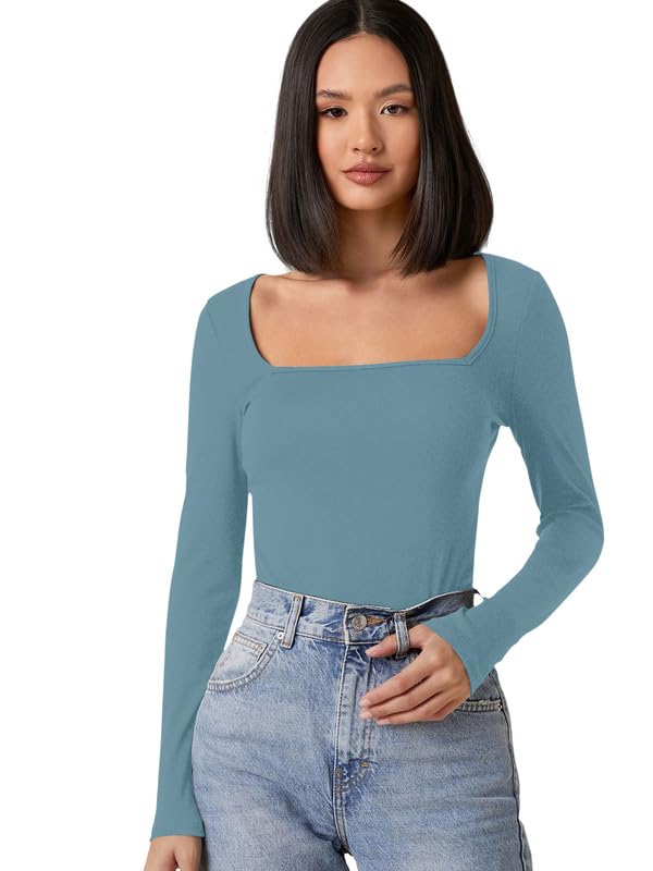 Dream Beauty Fashion Women's Long Sleeve Slim Fit Top/T-Shirt Square Neck Casual (Top-Sakira-01-Pista-XL)