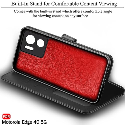 Image of TheGiftKart Flip Cover Back Case for Motorola Moto Edge 40 5G | Genuine Leather Finish | Designer Button | Inbuilt Pockets & Stand | Wallet Style Flip Case Cover for Moto Edge 40 (Faux Leather, Black)