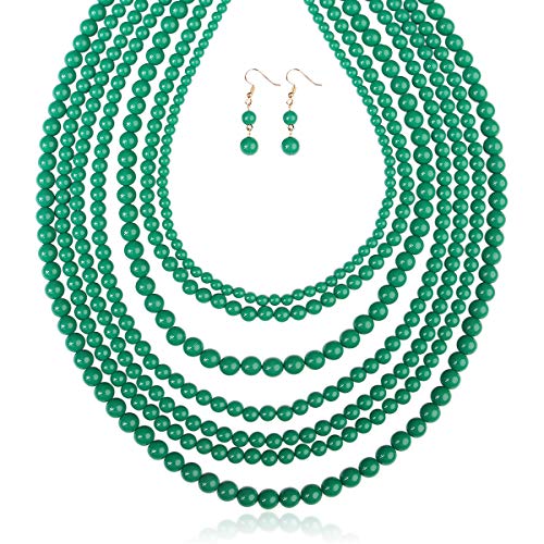 Riah Fashion Multi Layer Beaded Bubble Statement Necklace - Round Ball Chunky Drape Bib Collar 7 Strands (7 Strand Long - Dark Emerald) #TOP4