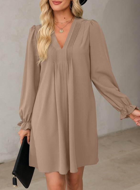 Image of Dokotoo Womens Casual Dress A-Line Ruffle Sleeve V Neck Midi Dress 2025 Fashion Pleated Flowy Sundress Loose Shirt Dresses