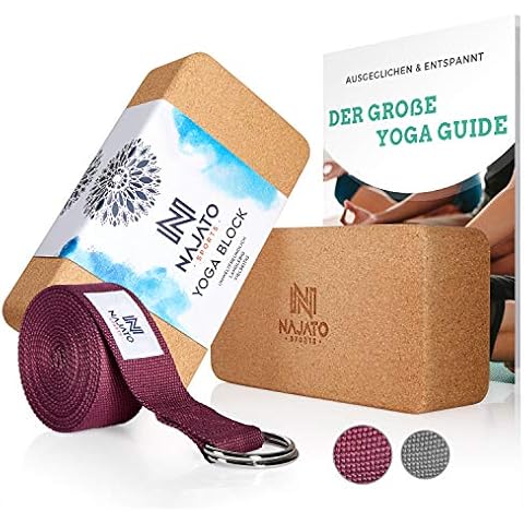 NAJATO Sports Yoga Block Kork 2er Set - Mit Yoga Gurt & E-Book - Yogaklotz für Yoga und Pilates - Yogablock aus natürlichem Kork - Rutschfester Yoga Klotz Cover