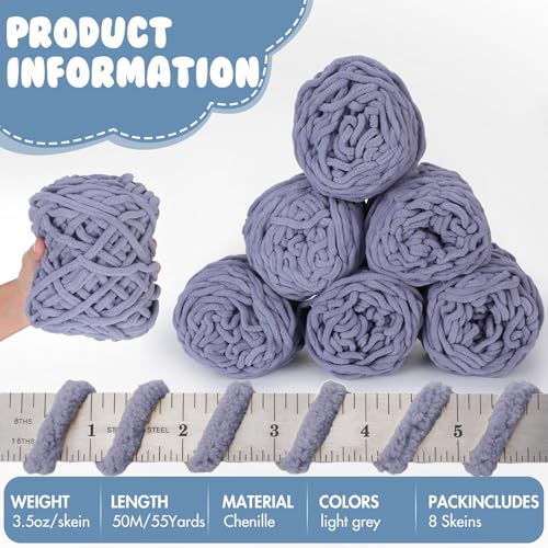 Image of Buryeah Chunky Chenille Yarn for Crocheting Soft Thick Fluffy Yarn for Hand Knitting Bulky Velvet Blanket Plush for Weaving DIY Crafts Each 3.5 oz 55 Yards(Light Gray,8 Pack)