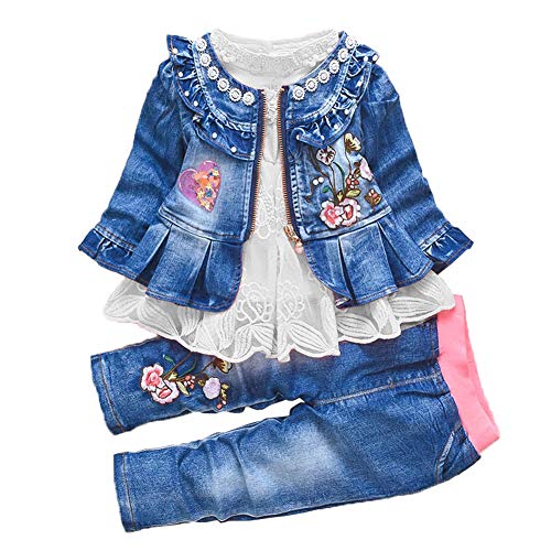 Image of Peacolate 6M-4Years Spring Fall Baby Girls Clothing Set 3pcs Long Sleeve Dress Denim Jacket and Jeans