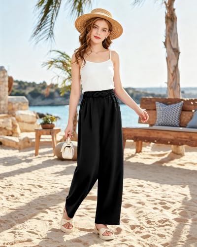 Image of Girls Wide Leg Palazzo Pant Loose Straight Cute Bow Waist Spring Summer Lightweight Dress Pant for Kids 5-14Y