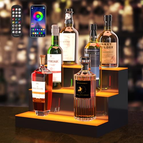 Image of VEVOR LED Lighted Liquor Bottle Display, 3 Tiers 16 Inches, Supports USB, Illuminated Home Bar Shelf with RF Remote & App Control 7 Static Colors 1-4 H Timing, Acrylic Lighted Shelf for 12 Bottles
