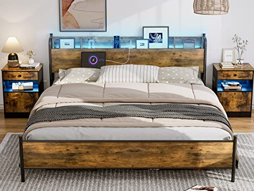 Ikifly King Size Bed Frame With Storage Shelf Headboard & Charging Station - Industrial Metal King Platform Bed With Led Lights, Strong Metal Slats Support, No Box Spring Needed - Rustic Brown #TOP11