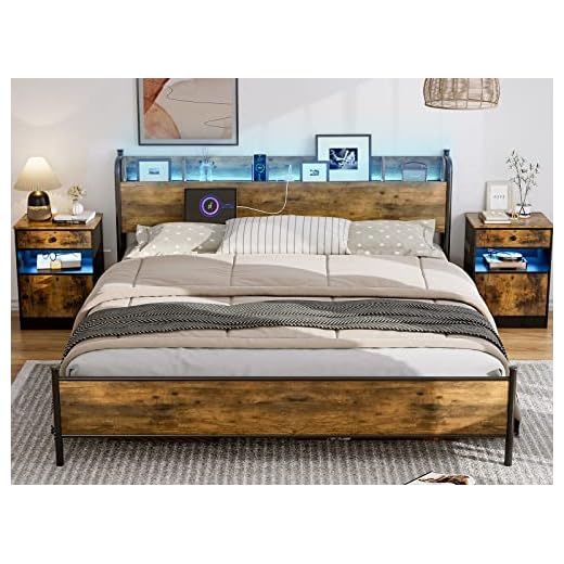 IKIFLY King Size Bed Frame with Storage Shelf Headboard & Charging Station - Industrial Metal King Platform Bed with LED Lights, Strong Metal Slats Support, No Box Spring Needed - Rustic Brown