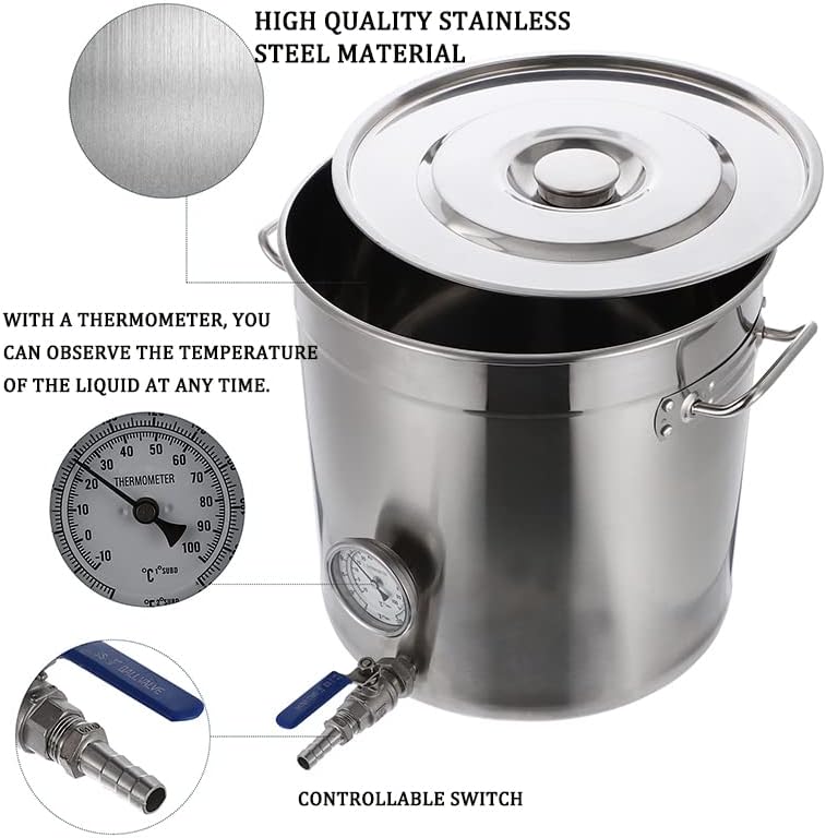 AIZYR 5 Size Brewing Kettle Stockpot Kitchen Boiling Bucket with Thermometer Tap Saccharified Beer Barrel for Beer Brew Maple Syrup Stainless Steel Stock Pot,30x30cm