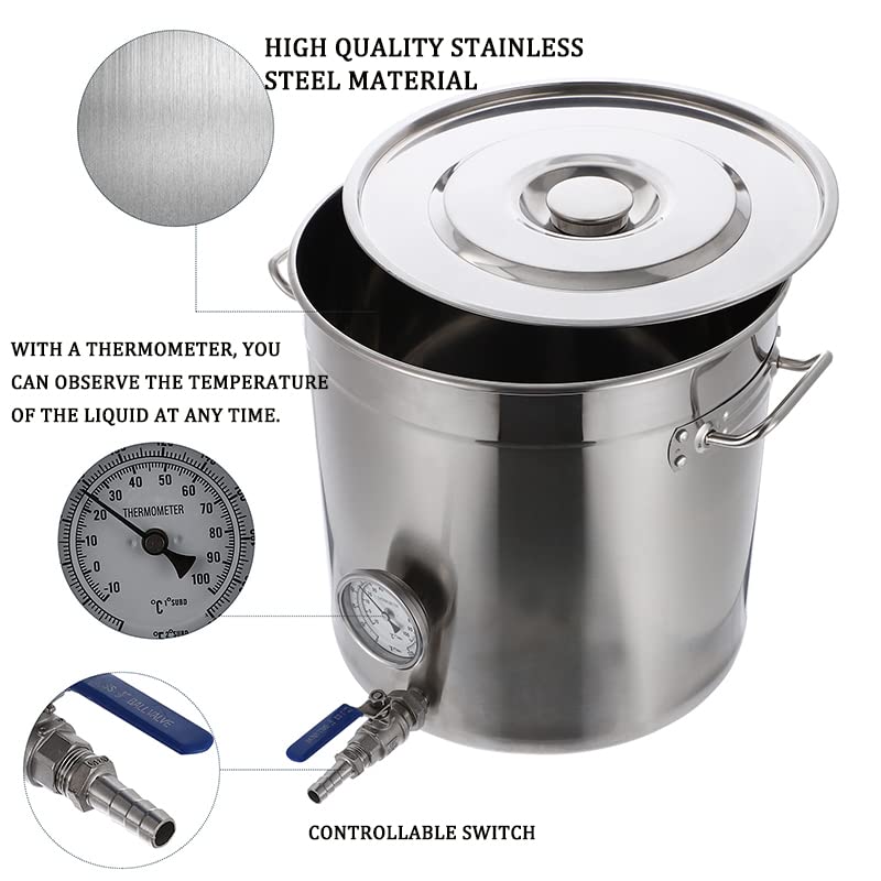 Hervidor de acero inoxidable con tapa de termómetro y válvula de bola para elaboración casera, ideal como olla de cerveza o puré