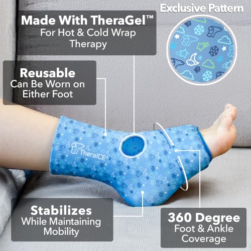 Image of TheraICE Junior Ankle Ice Pack Wrap for Swelling, Reusable for Sprained Ankle Injuries, Cold Therapy Sock Compression, Plantar Fasciitis Relief, Achilles Tendonitis, Sore Feet, Foot & Heel