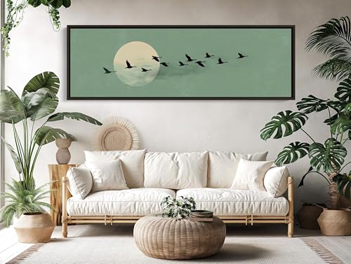 Peinture sur toile moderne vert sauge : affiches et impressions minimalistes Moon Birds 55x165
