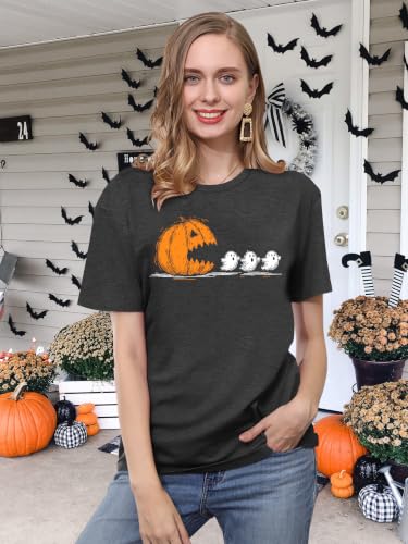 Image of Halloween Shirts for Women: Pumpkin Ghost Graphic Tee Shirts Funny Holiday Short Sleeve Tops