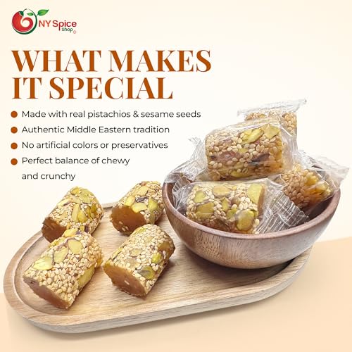 Image of NY Spice Shop Malban Araysseh with Sesame and Pistachios - 1 Pound Traditional Middle Eastern Nougat Candy with Chewy Malban Roasted Pistachios & Sesame Seeds - Individually Wrapped Mediterranean Sweet Treat