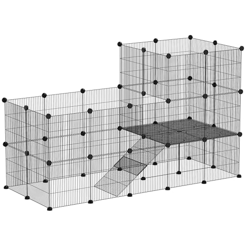 PawHut Enclos pour Petits Animaux, Cage à Lapin modulable 2 Niveaux, 39 Panneaux avec Rampe, Parc clôture pour Animaux domestiques intérieur pour cochons...