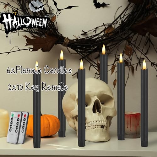 Image of Black Halloween Flameless Candles with Remote, 9.6 inch Wax LED Taper Candles | Battery Operated Candlesticks with 3D Wick, Dimmer, Flickering Mode, Table Mantel Home Indoor Party Festival Decor, 6 Pack