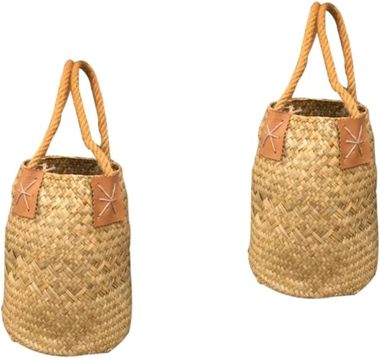PRETYZOOM 2pcs Multifunctional Seagrass Basket Yellow Desktop Storage Box Flower Pot Woven Laundry Basket for Home Decor Portable Two Handles for Plants and Organizing