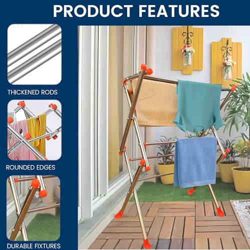 Image of Zureni Cloth Drying Stand Foldable & Portable Heavy Duty Stainless Steel Clothes Dryer 2 Tier Rack with Double Pole and Hanger for Balcony Laundry Hang (Pack of 1)