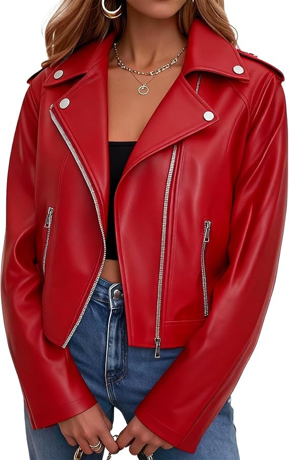 Image of Women Biker Faux Leather Jacket Vintage Casual Outfit