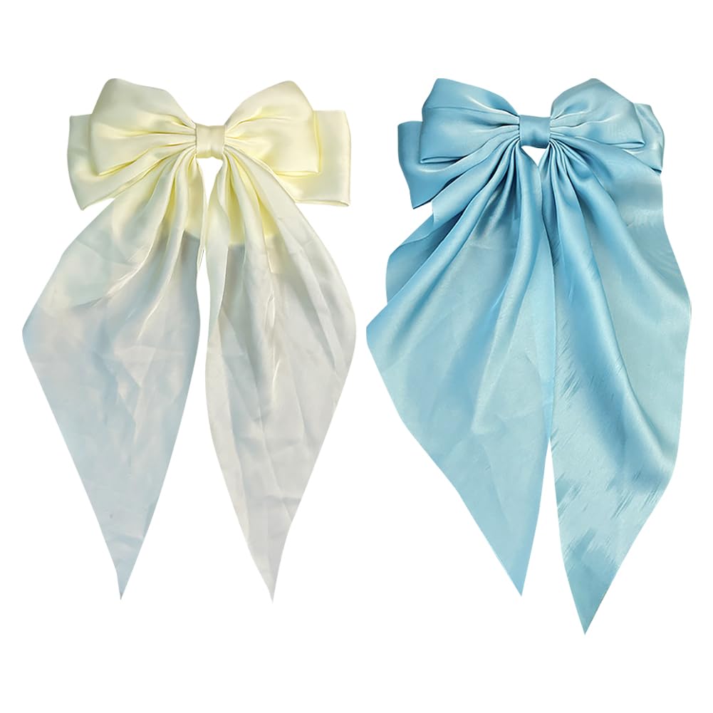 2 Pcs Big Satin Hair Bows - Large Layered Hair Barrettes Soft French Bows Ribbon Bowknot Clips for Girls Women - Beige and Blue