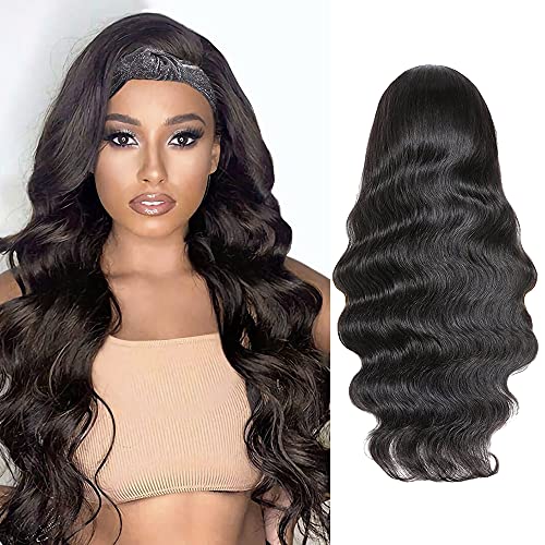 Human Hair Headband Wig, 18Inch Body Wave Headband Wigs Human Hair 150% Density Headband Wig 100% Brazilian Virgin Hair Glueless Headband Wigs for Black Women Natural Black Color