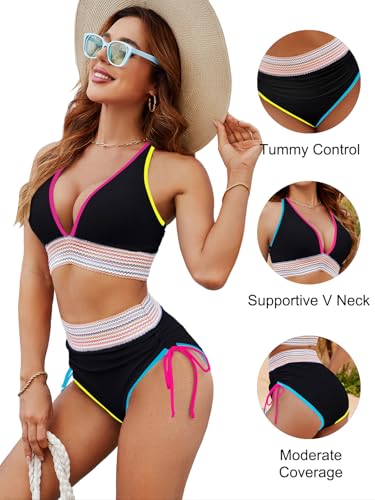 Image of Blooming Jelly Women High Waisted Bikini Sets Tummy Control Swimsuits Color Block Two Piece Drawstring Bathing Suit