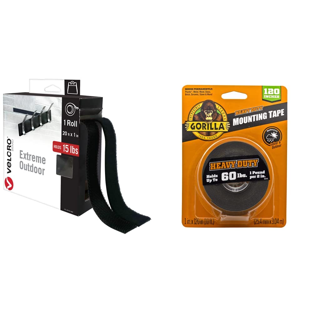 VELCRO Brand Extreme Outdoor Mounting Tape & Gorilla Heavy Duty Double Sided Mounting Tape XL, 1" x 120", Black (Pack of 1)