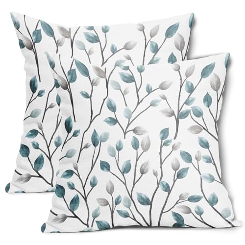Teal and Gray Pillow Covers 18x18 Inch Set of 2 Aqua Blue and Grey Leaf Patterned Cotton Linen Decorative Throw Pillow Case Jacquard Cushion Covers for Bedroom Sofa Living Room Chair Home Decor