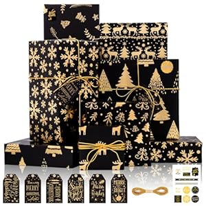 Larcenciel Christmas Wrapping Paper, 6 PCS Black and Gold Xmas Wrapping Paper Sheets w/Tags Sticker & String, Luxury Gold Foiled Gift Wrapping Paper Set for Christmas New Year Winter Party, 70x50cm