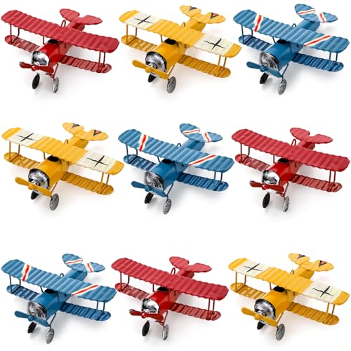 Youeon 9 Pcs Metal Airplane Hanging Decorations, Mini Retro Iron Biplane Model with Lanyard,...