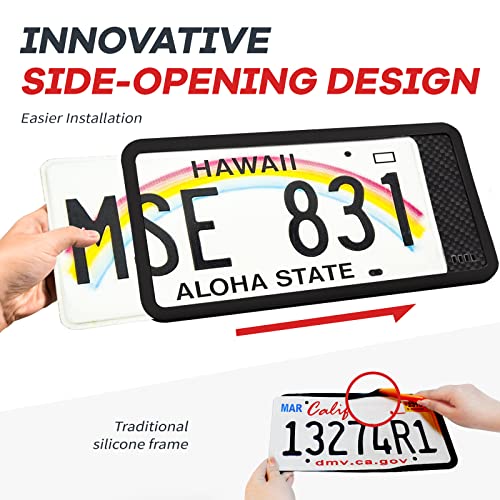 Aujen Silicone License Plate Frames - 2 Pack Black Side-Opening License Bracket Holder With Easy Installation, License Plate Cover Without Obstruction.rustproof, Rattle Proof & Weatherproof Universal #TOP2