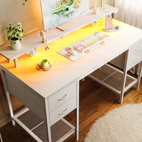 Image of Huuger 47 inch Computer Desk with 4 Drawers, Gaming Desk with LED Lights & Power Outlets, Home Office Desk with Large Storage Space for Bedroom, Work from Home, White