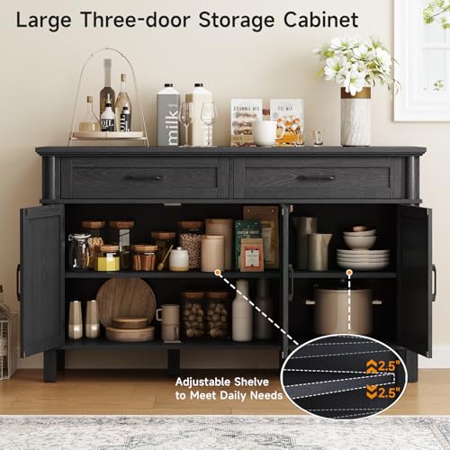 Image of ONBRILL 55 Inch Buffet Cabinet with Storage, Farmhouse Sideboard Buffet w /2 Drawers and 3 Doors, Wood Coffee Bar Cabinet with Adjustable Shelves, Sideboard Storage for Kitchen, Living Room, Black