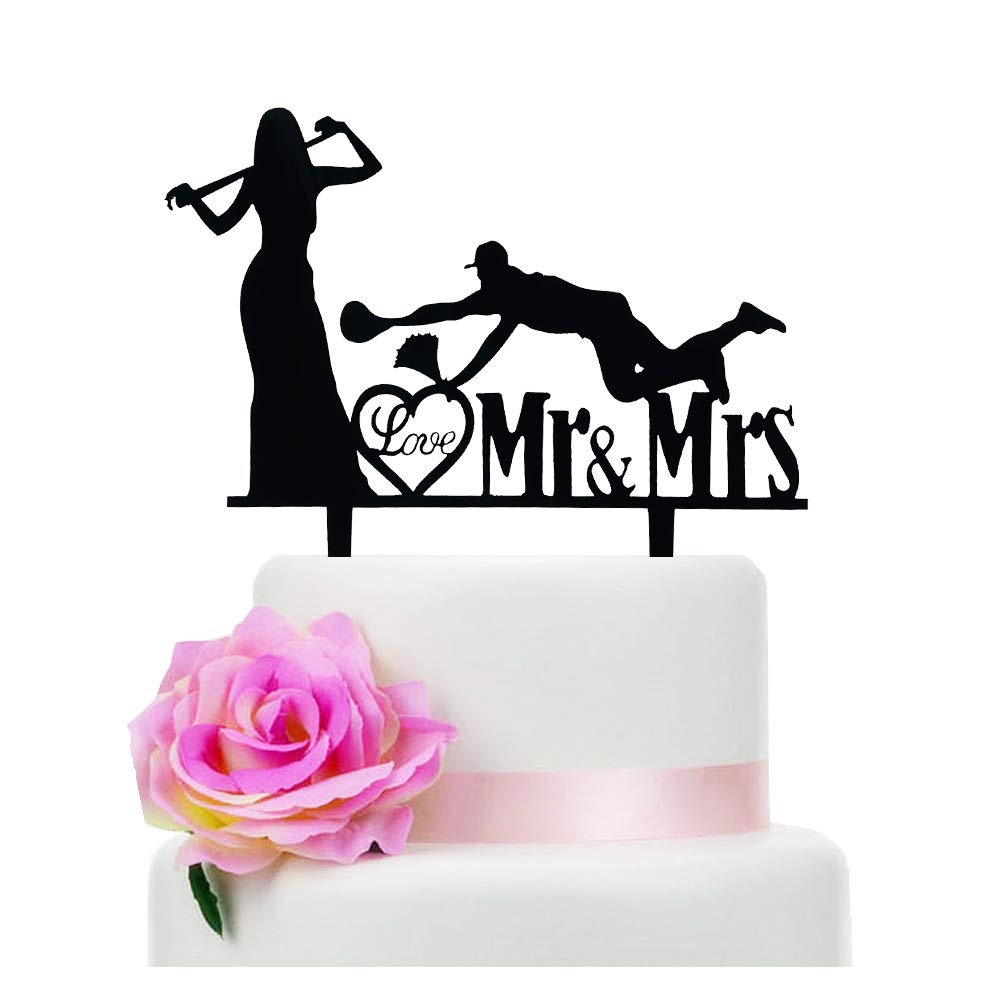 Jimhamhug Baseball Wedding Cake Topper, Black Acrylic Mr & Mrs Baseball Couple Cake Topper for Wedding/Bridal Shower/Engagement Party Decorations